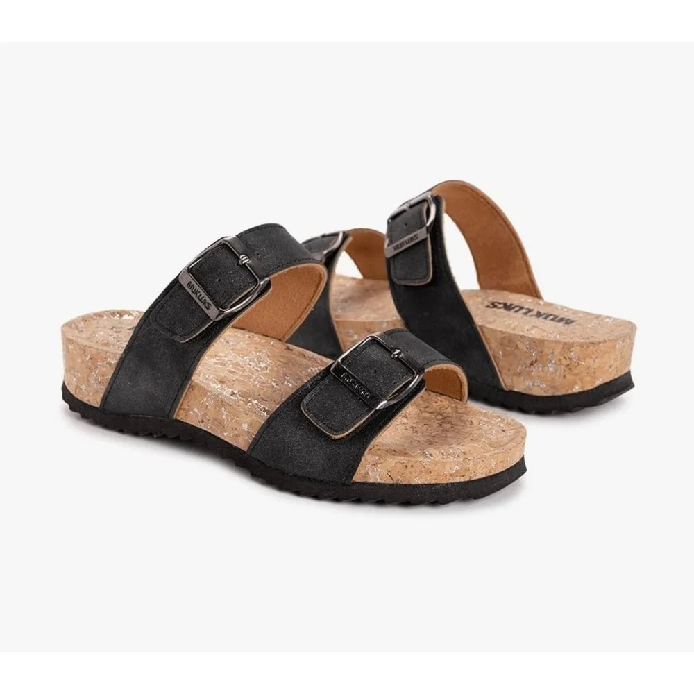 NEW Muk Luks Women's Adjustable Buckle Slide Sandals Black Cork Size 6 - Picture 1 of 11